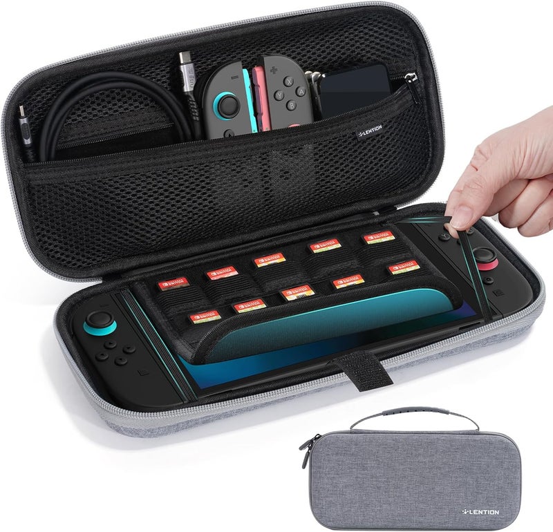 Lention Switch 2 Carrying Travel Case, Hard Shell Storage for Nintendo Switch 2, Console & Accessories. Holds 10 Game Cards, with Screen Padding. Slim, Compact, Lightweight for Travel (Grey) - Image 1