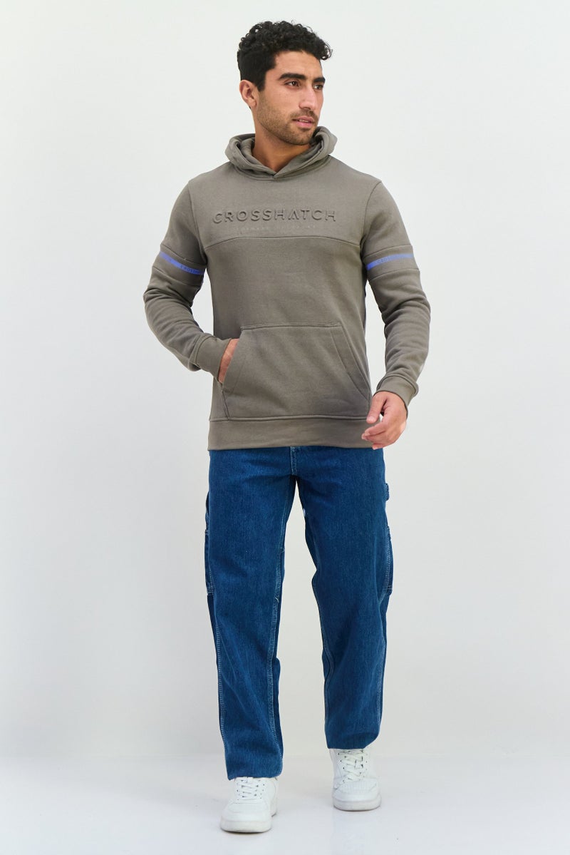 CROSSHATCH Men Embossed Print Fleece Hoodie, Grey - Image 4