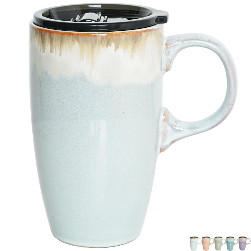 Bosmarlin Ceramic Travel Coffeel Mug with Handle and Lid 18 oz Portable Coffee Cup for Car Cup Holder Microwave and Dishwasher Safe Reactive Glaze Light Grey Blue - Image 2