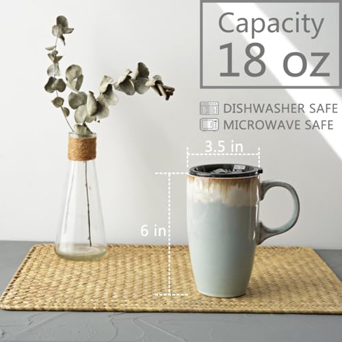 Bosmarlin Ceramic Travel Coffeel Mug with Handle and Lid 18 oz Portable Coffee Cup for Car Cup Holder Microwave and Dishwasher Safe Reactive Glaze Light Grey Blue - Image 3
