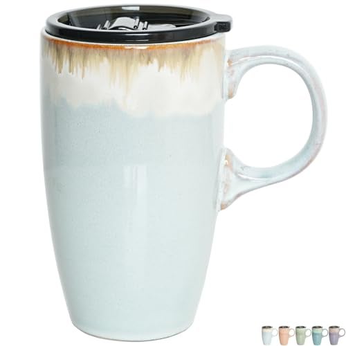 Bosmarlin Ceramic Travel Coffeel Mug with Handle and Lid 18 oz Portable Coffee Cup for Car Cup Holder Microwave and Dishwasher Safe Reactive Glaze Light Grey Blue - Image 1