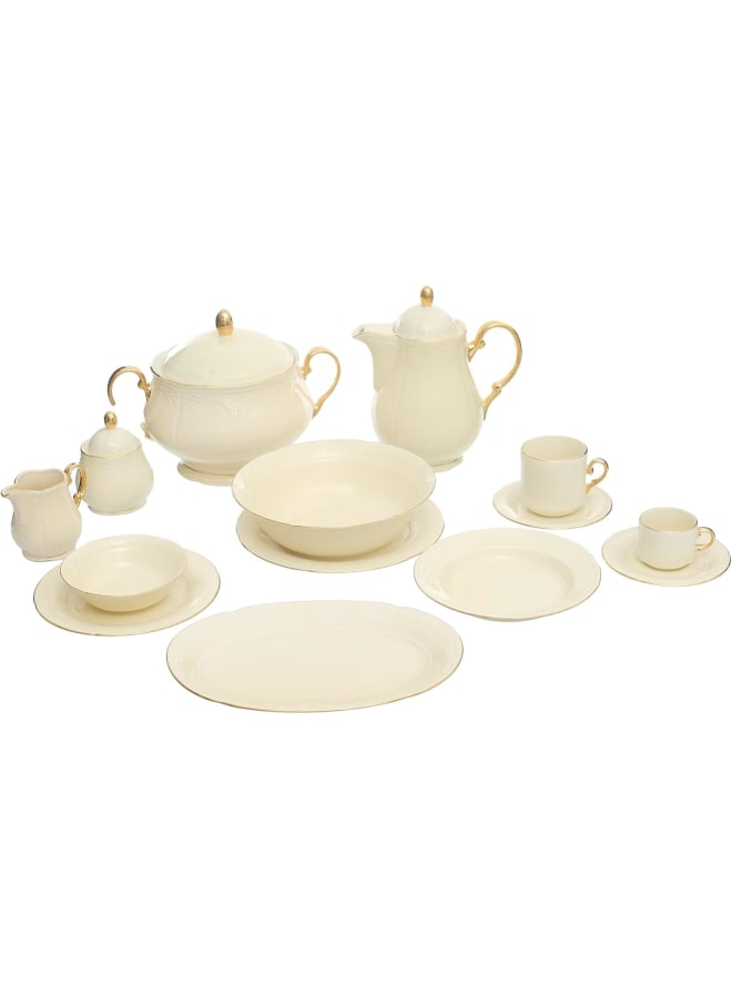 Rosa Osa Fm Conrad Dinner Set With Gold 57-Pieces,Cream: 1 Serving Plate, 2 W/Lids, 12 Coffee & Tea Cups, 6 Cake, 6 Flat & 6 Deep Plates, 6 Soup Bowls, 1 Milk Jug, 2 Sugar Bowls, 2 Teapots W/Lids. - Image 1
