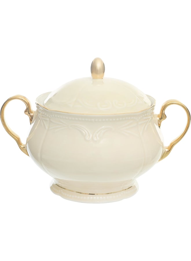 Rosa Osa Fm Conrad Dinner Set With Gold 57-Pieces,Cream: 1 Serving Plate, 2 W/Lids, 12 Coffee & Tea Cups, 6 Cake, 6 Flat & 6 Deep Plates, 6 Soup Bowls, 1 Milk Jug, 2 Sugar Bowls, 2 Teapots W/Lids. - Image 4