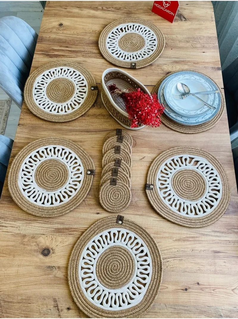 BDZ Deri BDZ Leather Jute Wicker American Service Plate Coaster and Basket 13 Pieces