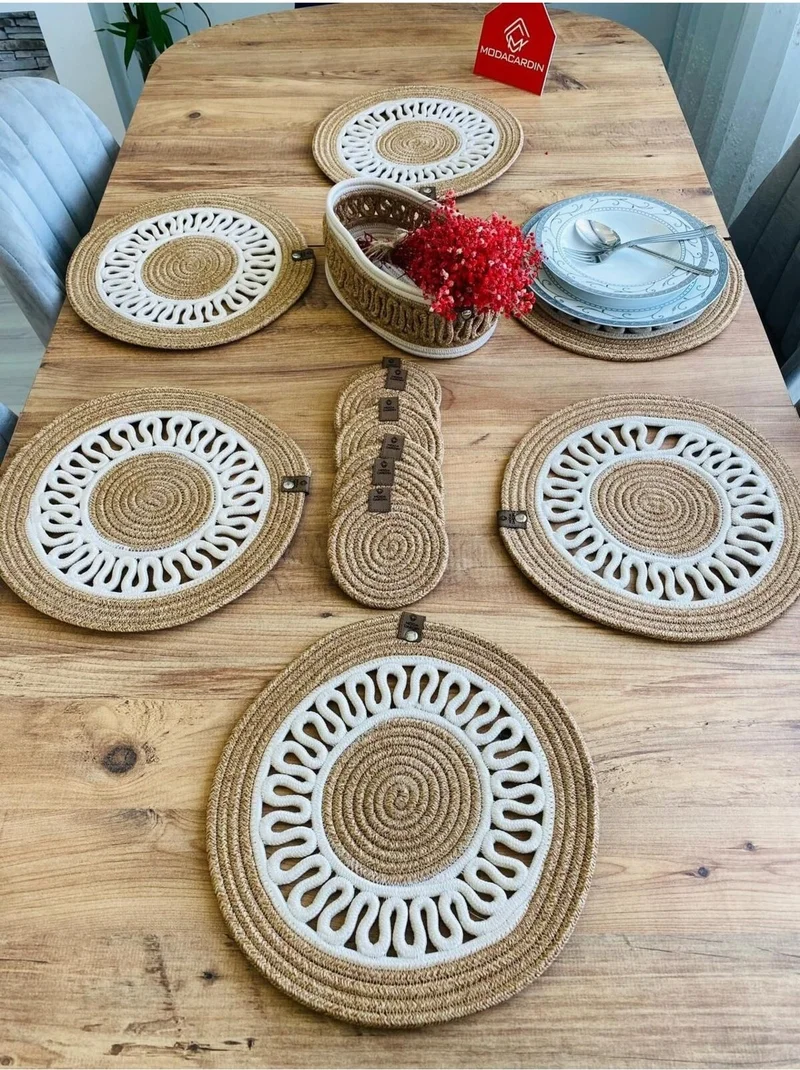 BDZ Deri BDZ Leather Jute Wicker American Service Plate Coaster and Basket 13 Pieces