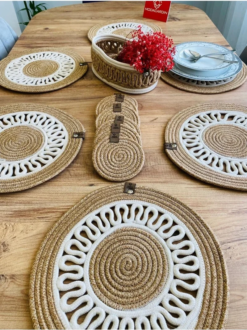BDZ Deri BDZ Leather Jute Wicker American Service Plate Coaster and Basket 13 Pieces