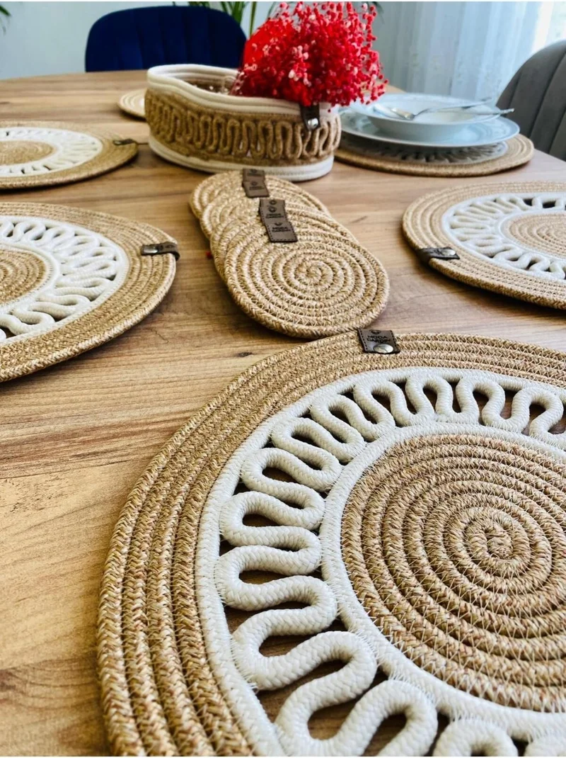 BDZ Deri BDZ Leather Jute Wicker American Service Plate Coaster and Basket 13 Pieces