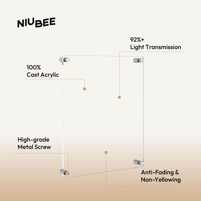 NIUBEE Clear Acrylic Wall Mount Floating Frameless Picture Frame Up to 16x20 Photo for Poster Photography FramesDouble PanelFull Frame is 185x225 inch - Image 2