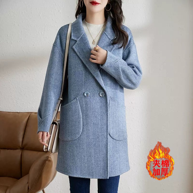 G Woolen Coat Women'S 2025 Korean Style Elegant Thickened Mid-Length Herringbone Woolen Coat Coat - Image 1