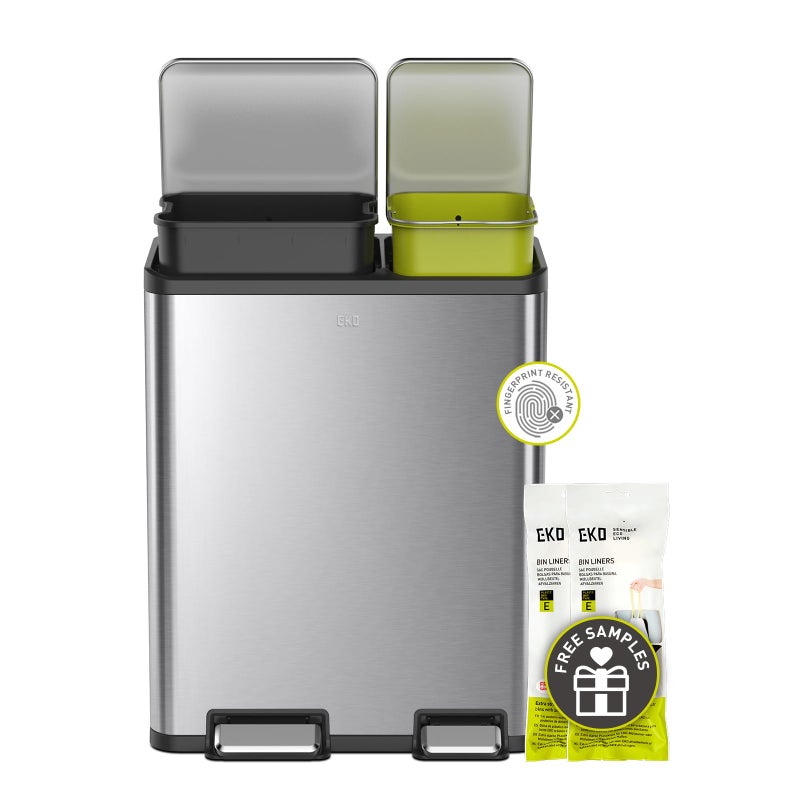 EKO سلة مهملات مزدوجة من الفولاذ المقاوم للصدأ EKO EcoCasa بسعة 30 لتر و20 لتر مع دواسات وأغطية مستقلة، إغلاق ناعم ومقاومة لبصمات الأصابع