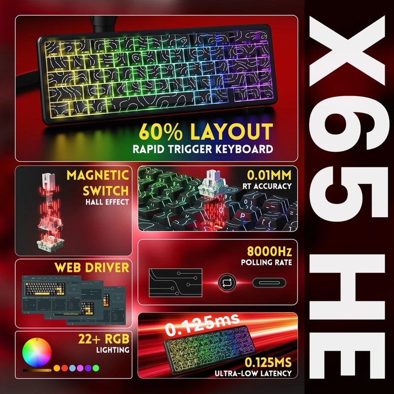Attack Shark X65 HE Wired 65% Mechanical Gaming Keyboard, Rapid Trigger Magnetic Switch, Hall Effect, Top Mount, Rgb, Hot Swap - Image 2