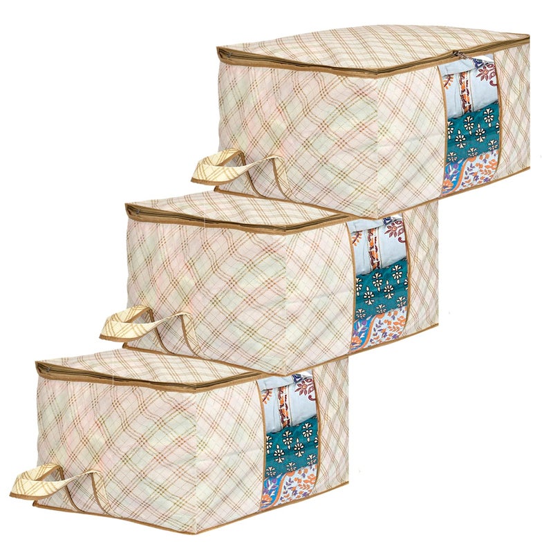 Brand - Solimo Solimo Metalic 3 Pieces Non Woven Underbed Storage Bag Cloth Organiser Blanket Cover With Transparent Window CheckeredIvory - Image 1