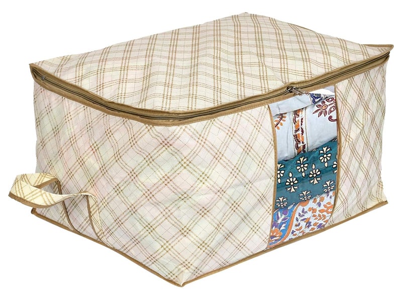 Brand - Solimo Solimo Metalic 3 Pieces Non Woven Underbed Storage Bag Cloth Organiser Blanket Cover With Transparent Window CheckeredIvory - Image 5
