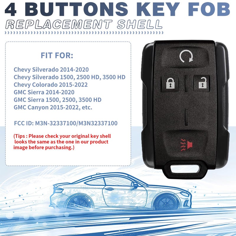 JJCHQ Key Fob Case for Chevy Silverado 1500 2500 3500 HD Colorado GMC Sierra Canyon 2021 2020 2019 2018 2017 2016 2015 2014 M3N-32337100 Keyless Entry Remote Key Shell Replacement 4 Button Pad Cover - Black - Image 4