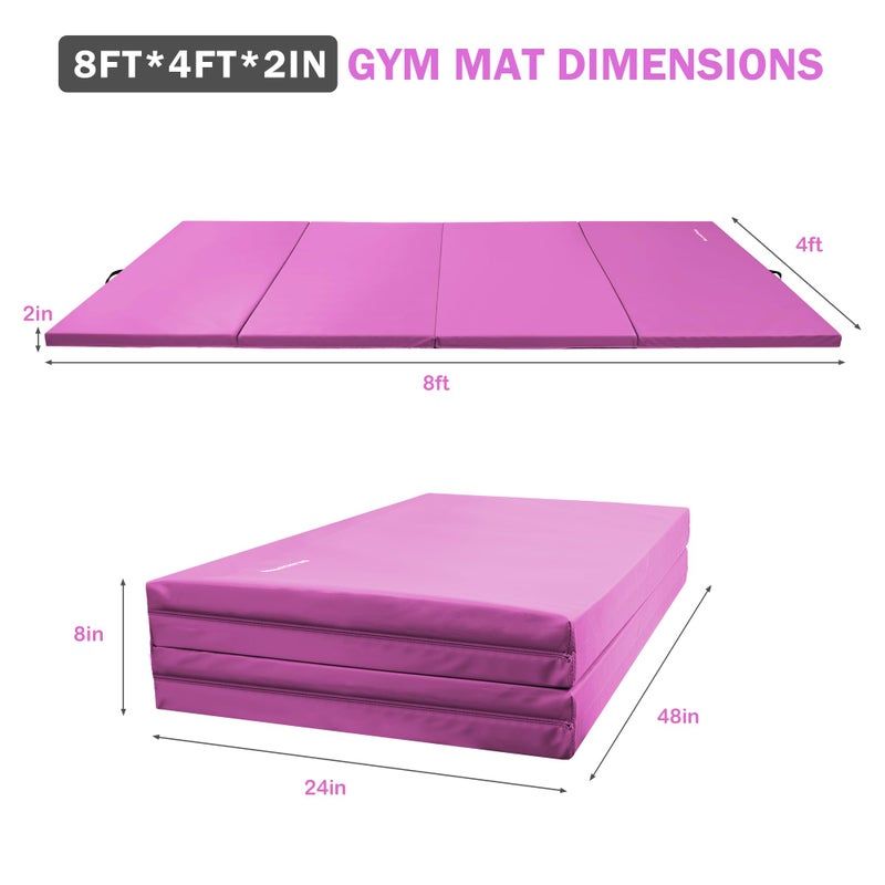 Fitvids حصائر الجمباز Fitvids للتقلب، 4'x8'x2" حصيرة تمارين قابلة للطي مع مقابض حمل عالية الكثافة مضادة للتمزق لفنون الدفاع عن النفس واللياقة البدنية والتمارين الهوائية لصالة الألعاب الرياضية المنزلية، يوغا، بيلاتس، تدريب أساسي، وردي - Image 2