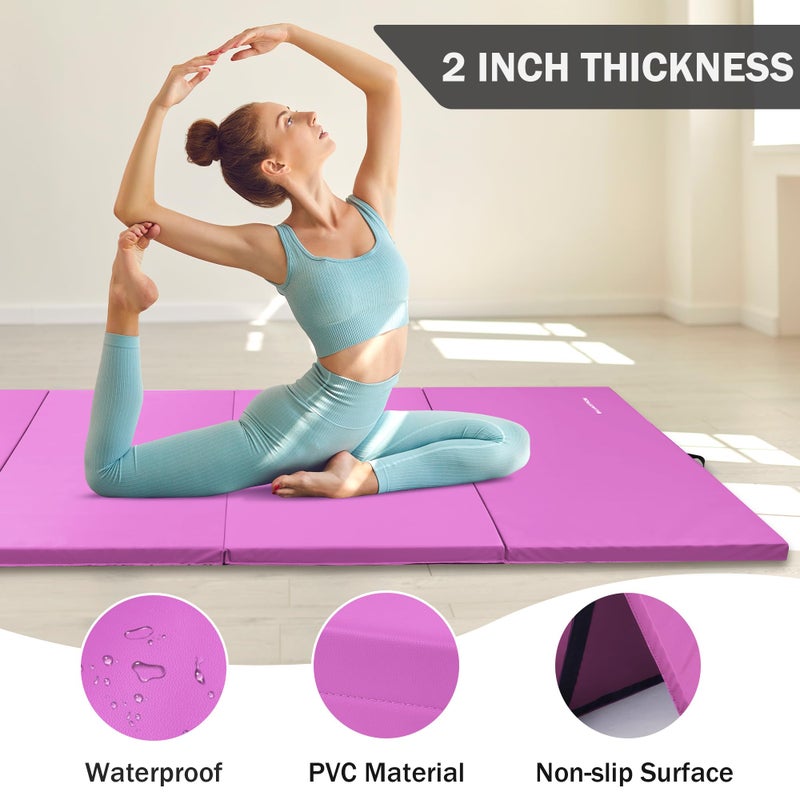 Fitvids حصائر الجمباز Fitvids للتقلب، 4'x8'x2" حصيرة تمارين قابلة للطي مع مقابض حمل عالية الكثافة مضادة للتمزق لفنون الدفاع عن النفس واللياقة البدنية والتمارين الهوائية لصالة الألعاب الرياضية المنزلية، يوغا، بيلاتس، تدريب أساسي، وردي - Image 3