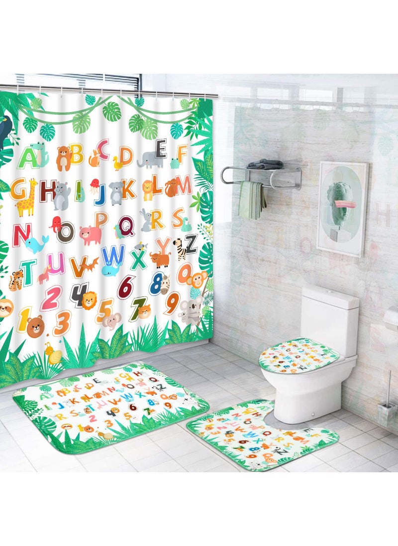 Ikfashoni Ikfashoni 4Pcs Kids Animal Shower Curtain Set with NonSlip Rugs Toilet Lid Cover and Bath Mat Alphabet Educational Shower Curtain with 12 Hooks Tropical Palm Fabric Bath Curtain for Bathroom 