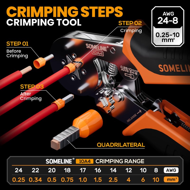 SOMELINE SOMELINE® Ferrule Crimping Tool Kit, Self-Adjusting Pliers for Wire Ferrules AWG 24-8, With 24 Sizes Insulated and Uninsulated Wire Ferrules Terminals, Square Crimp Connector Assortment Kit  - Image 2