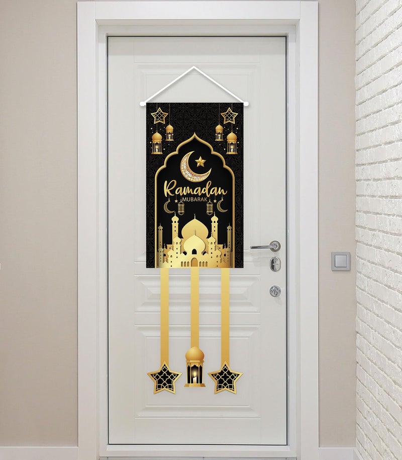 OTTPOOM Ramadan Decorations for Home Black and Gold Eid Decorations Mubarak Hanging Door Sign Ramadan Decor Party Favor Hang Flag Ramadan Mubarak Banner Holiday Welcome Wall Banner for Party Supplies - Image 4