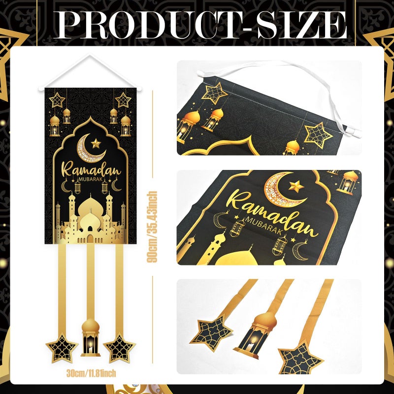 OTTPOOM Ramadan Decorations for Home Black and Gold Eid Decorations Mubarak Hanging Door Sign Ramadan Decor Party Favor Hang Flag Ramadan Mubarak Banner Holiday Welcome Wall Banner for Party Supplies - Image 2