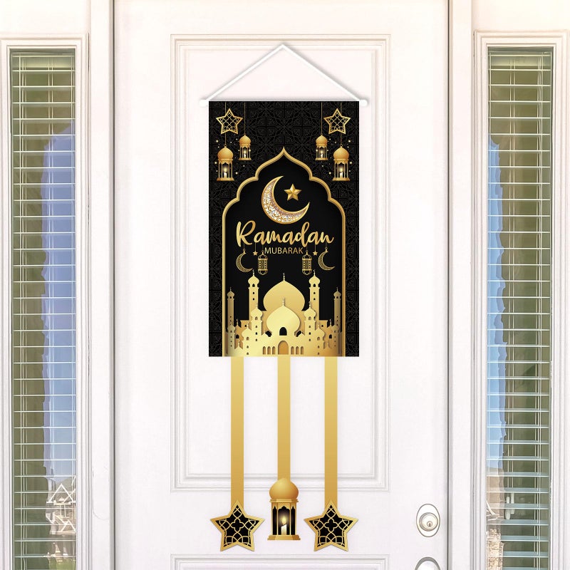 OTTPOOM Ramadan Decorations for Home Black and Gold Eid Decorations Mubarak Hanging Door Sign Ramadan Decor Party Favor Hang Flag Ramadan Mubarak Banner Holiday Welcome Wall Banner for Party Supplies - Image 1