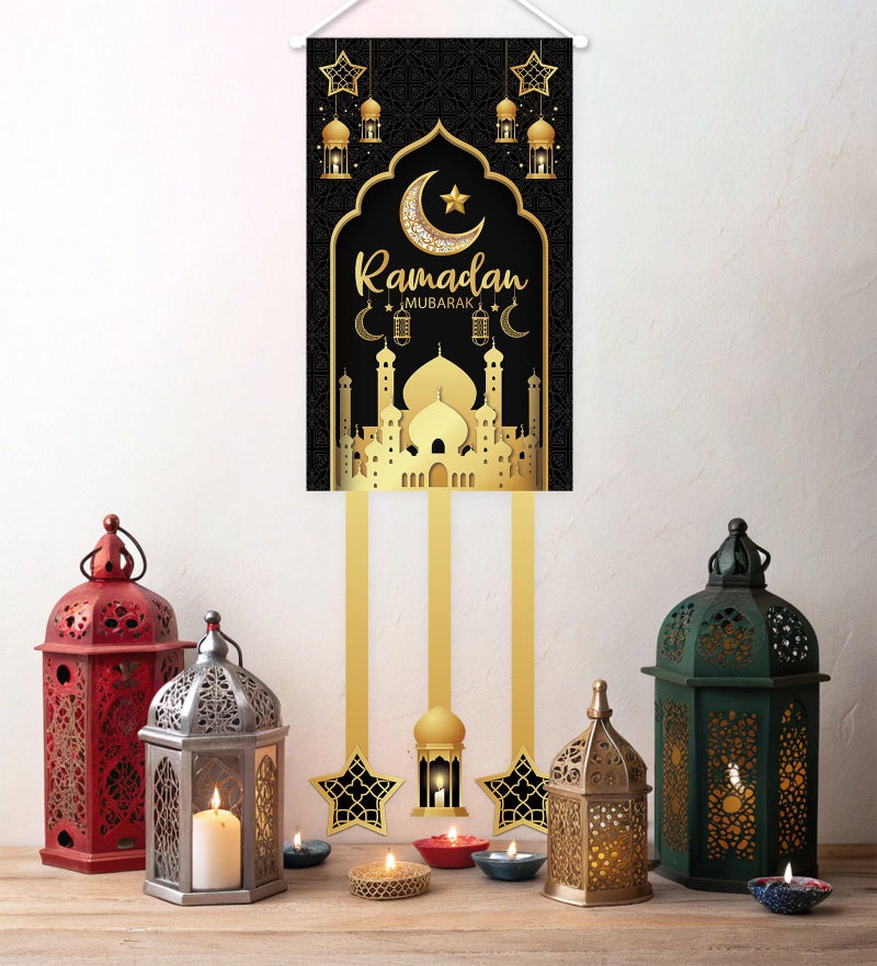 OTTPOOM Ramadan Decorations for Home Black and Gold Eid Decorations Mubarak Hanging Door Sign Ramadan Decor Party Favor Hang Flag Ramadan Mubarak Banner Holiday Welcome Wall Banner for Party Supplies - Image 5
