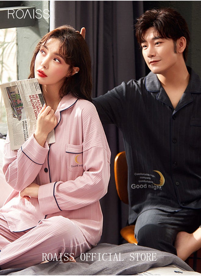 roaiss Couple Pajamas Set Long Sleeves Sleepwear for Men and Women Cute Plus Size Loungewear Spring and Autumn Home Clothes Gift for Boyfriend Girlfriend Husband Wife  - Image 2