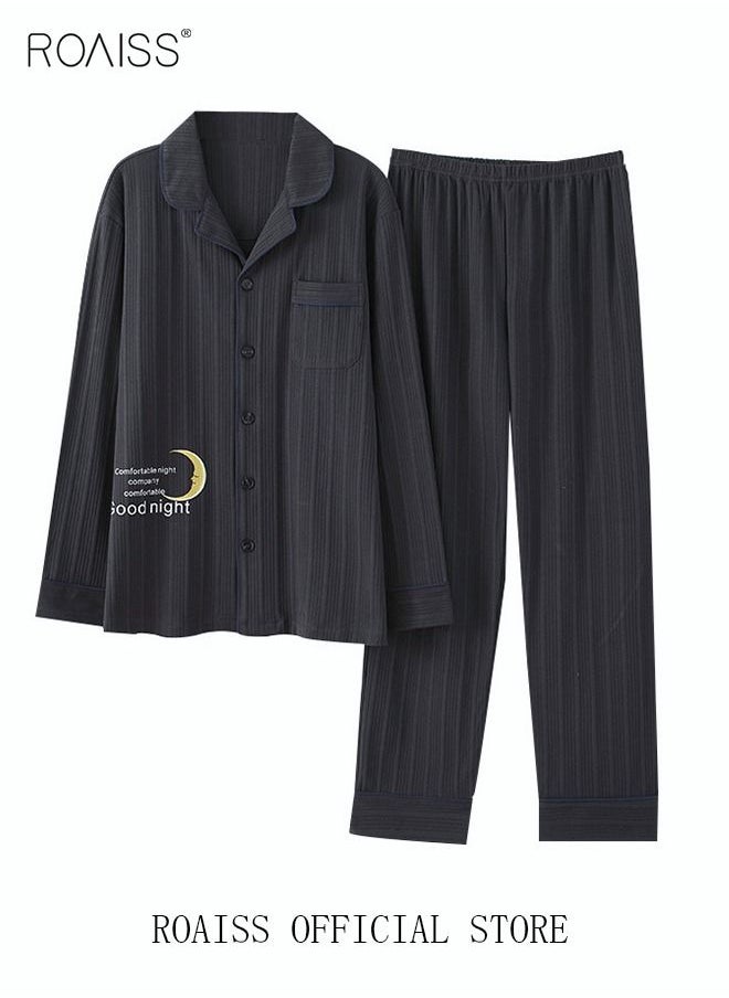 roaiss Couple Pajamas Set Long Sleeves Sleepwear for Men and Women Cute Plus Size Loungewear Spring and Autumn Home Clothes Gift for Boyfriend Girlfriend Husband Wife  - Image 1
