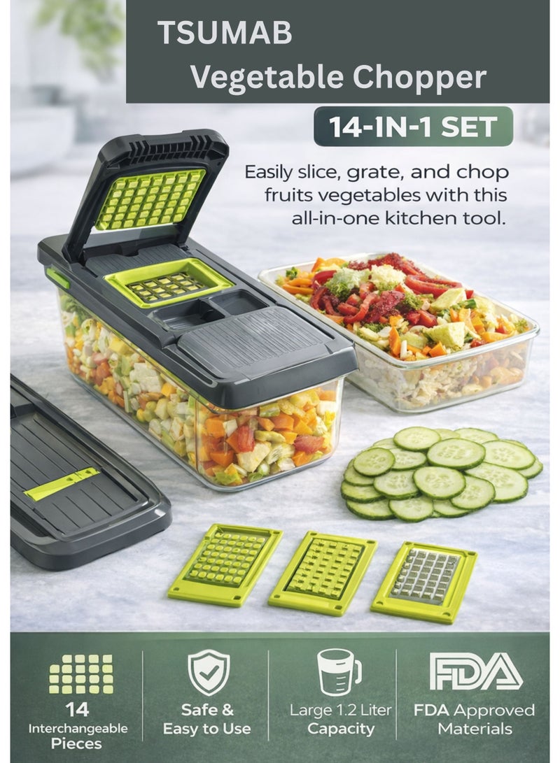 TSUMAB 14-in-1 Vegetable Chopper & Slicer Set with Container – BPA-Free, 1.2L Capacity - Image 1