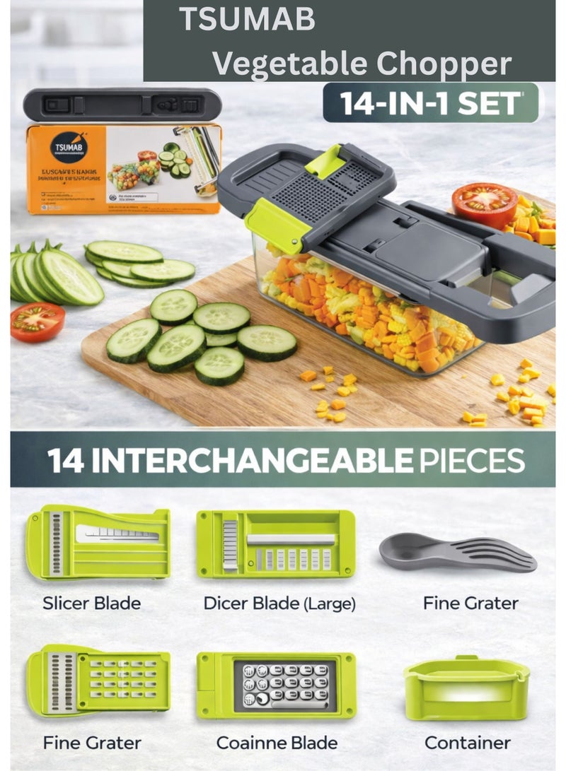 TSUMAB 14-in-1 Vegetable Chopper & Slicer Set with Container – BPA-Free, 1.2L Capacity - Image 2