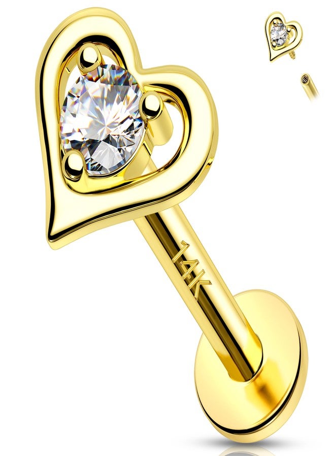 Melighting 14K Solid Gold Cartilage Earring - 16G Gold Heart Flat Back Earring Helix Piercing Jewelry Internally Threaded Curved CZ Labret for Women - 8mm - Image 1