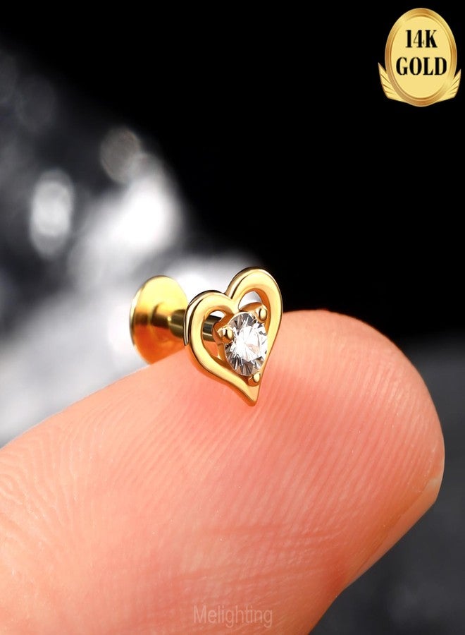 Melighting 14K Solid Gold Cartilage Earring - 16G Gold Heart Flat Back Earring Helix Piercing Jewelry Internally Threaded Curved CZ Labret for Women - 8mm - Image 2