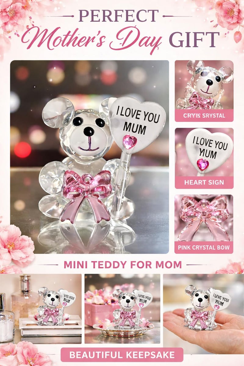 WARMINGO DE Crystal Teddy Bear Gift for Mother – “I Love You Mum” Cute Showpiece with Pink Bow | Small Decorative Gift Item for Mother’s Day, Birthday, Anniversary | Table Decor Keepsake (Mom) - Image 2