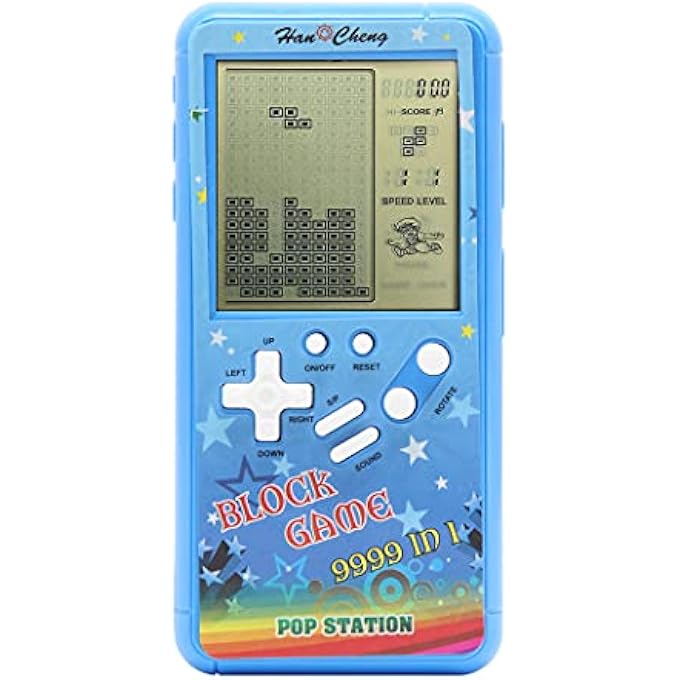 RETRO BLOCK GAME CONSOLE BRICK GAME CONSOLE WITH COLOUR TRAY AND LARGE SCREEN, POWERED BY BUILD 23 GAMES AND WITH A SMALL BODY (BLUE) - Image 1