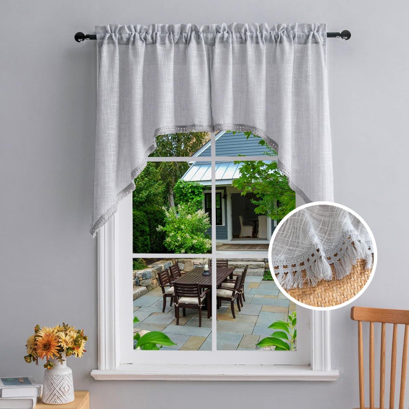 BD BEDA HOME Beda Home Tassel Linen Textured Swag Valances for Farmhouses Kitchen Rustic Short Swag Topper for Small Windows Bedroom Privacy Added Rod Pocket Design Light Grey 36 x36 inch 1 Pair