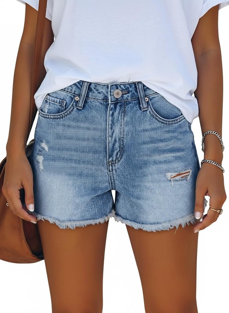 ZOLUCKY Sexy Shorts for Women Mid Waisted Denim Shorts Frayed Raw Hem Ripped Jean Shorts Light Blue XL - Image 5