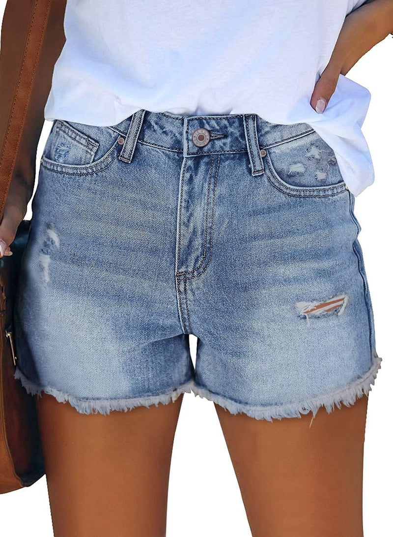 ZOLUCKY Sexy Shorts for Women Mid Waisted Denim Shorts Frayed Raw Hem Ripped Jean Shorts Light Blue XL - Image 2