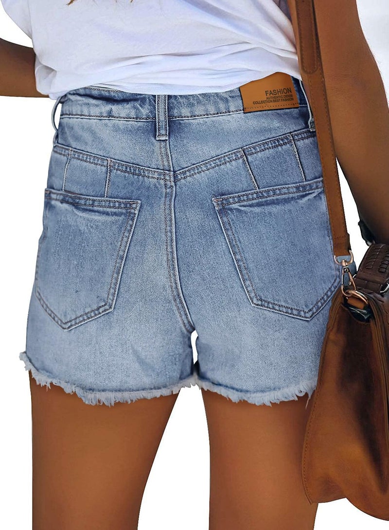 ZOLUCKY Sexy Shorts for Women Mid Waisted Denim Shorts Frayed Raw Hem Ripped Jean Shorts Light Blue XL - Image 3