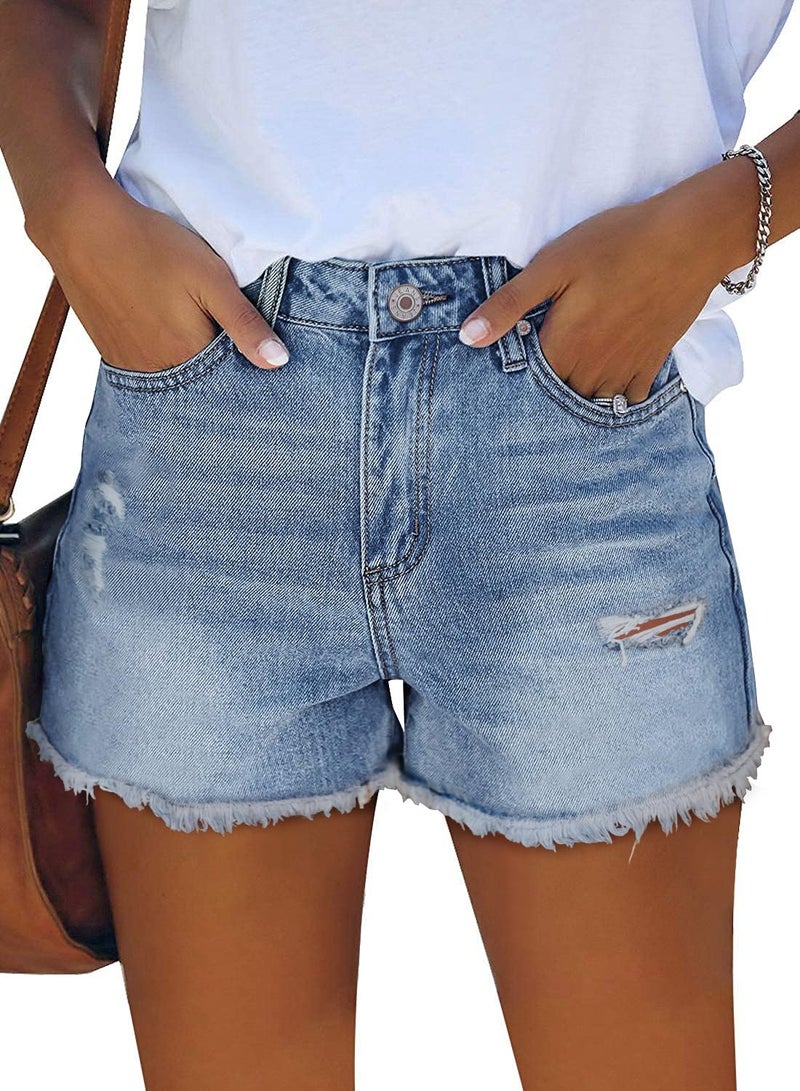 ZOLUCKY Sexy Shorts for Women Mid Waisted Denim Shorts Frayed Raw Hem Ripped Jean Shorts Light Blue XL - Image 1