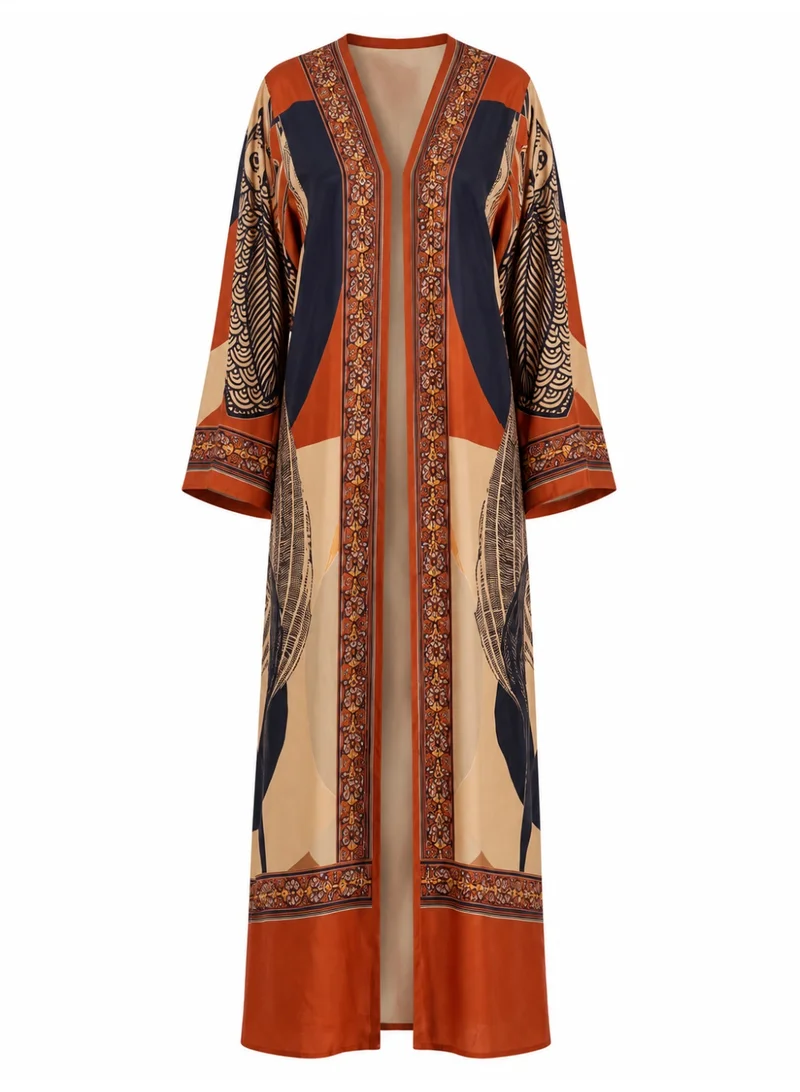 Amnad International Luxury Printed Open Front Maxi Abaya for Women with Matching Hijab, Satin Silk Kaftan Dress for Modest Wear, Sizes 52-60 inches
