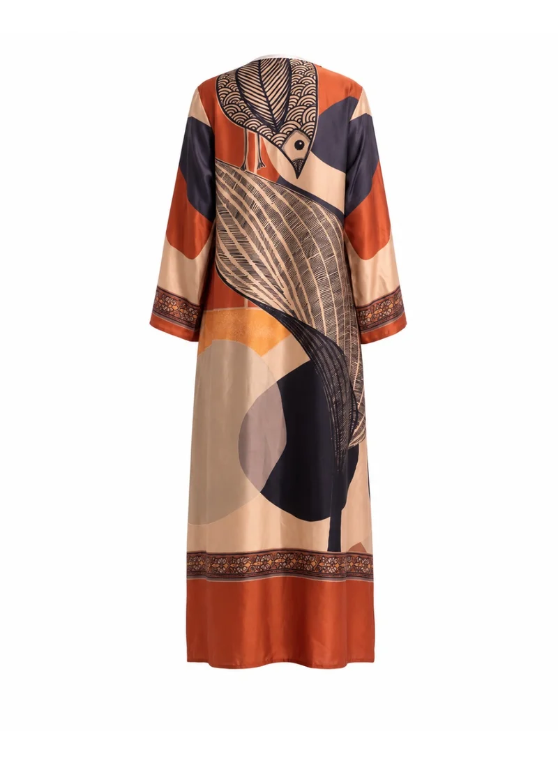 Amnad International Luxury Printed Open Front Maxi Abaya for Women with Matching Hijab, Satin Silk Kaftan Dress for Modest Wear, Sizes 52-60 inches