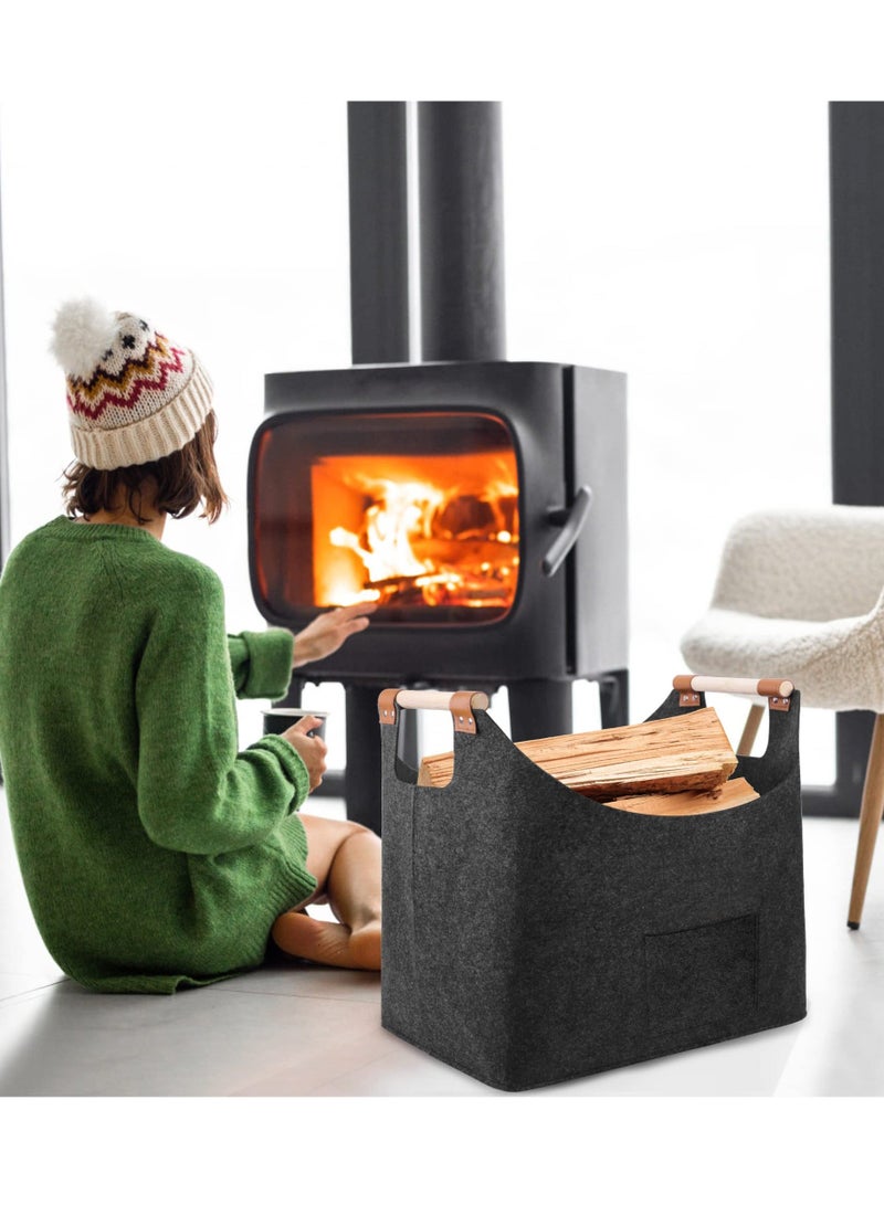 Wooden Basket for Firewood, Firewood Basket Felt Basket Extra Thick Felt, XL Reinforced Handle Foldable Wood Basket Felt Bag for Shopping, Wood, Newspaper or Firewood - Image 3
