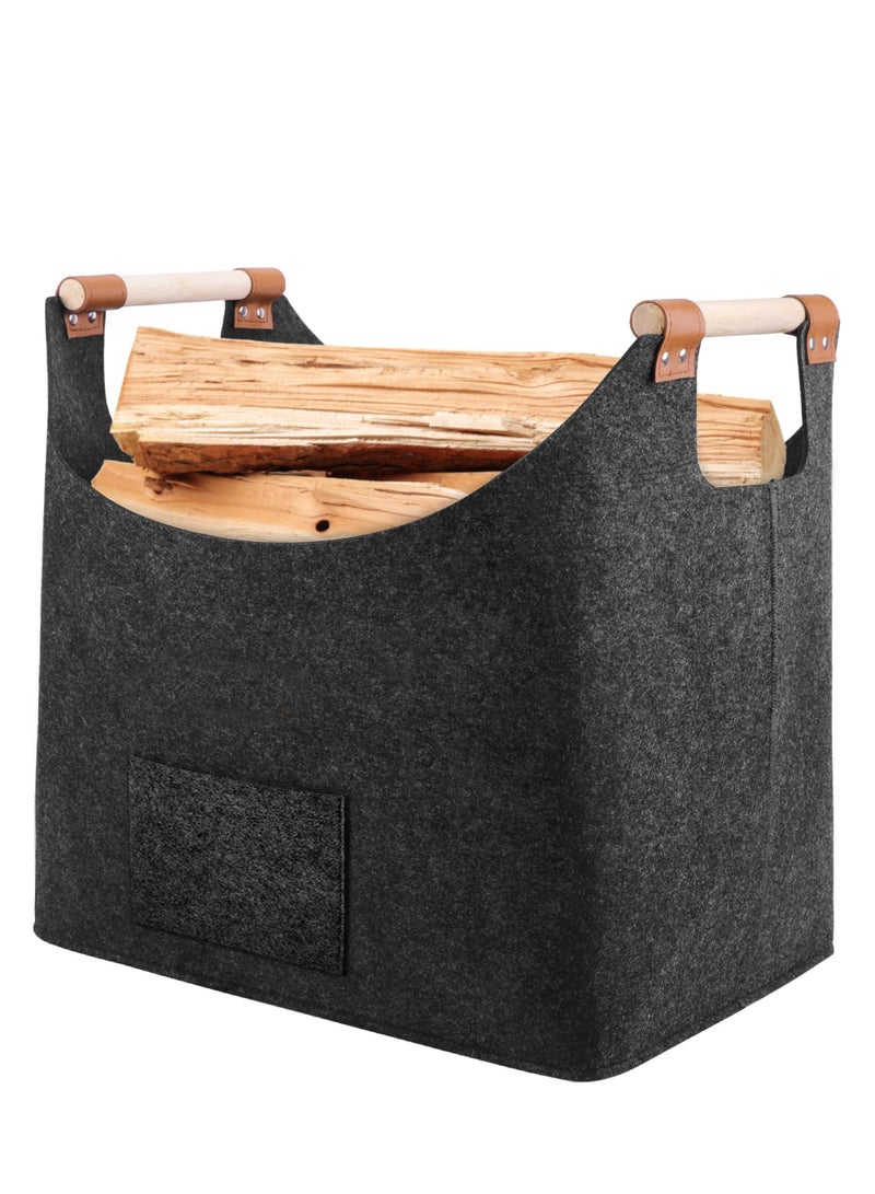 Wooden Basket for Firewood, Firewood Basket Felt Basket Extra Thick Felt, XL Reinforced Handle Foldable Wood Basket Felt Bag for Shopping, Wood, Newspaper or Firewood - Image 1