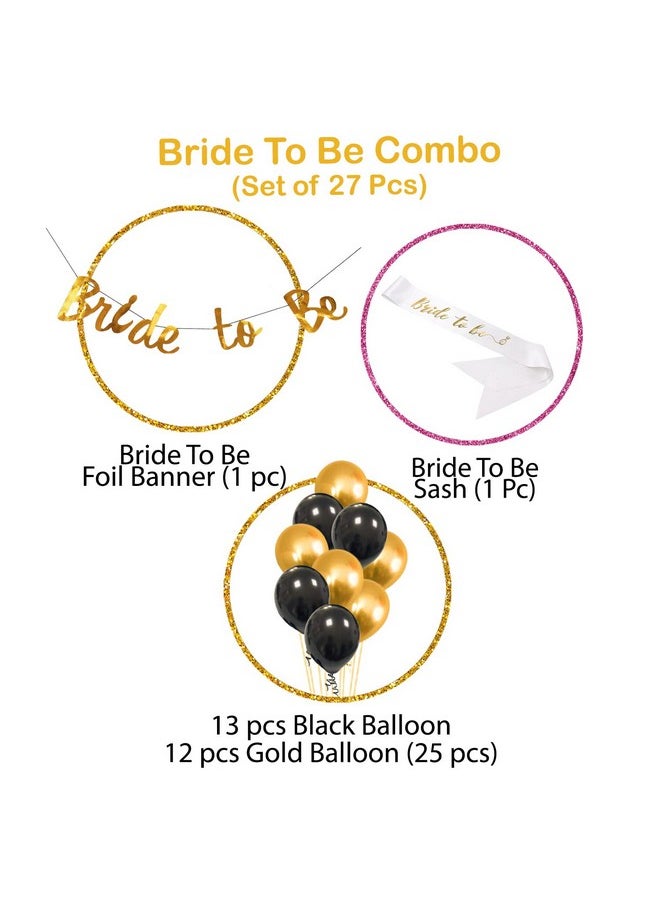 بارتي بروبس مجموعة من 27 قطعة من ورق Bride To Be من Party Propz - قطعة واحدة من لافتة Bride To Be باللون الذهبي + 25 قطعة من البالونات باللونين الأسود والذهبي + قطعة واحدة من وشاح Bride To Be لتزيين حفلات توديع العزوبية  - Image 2