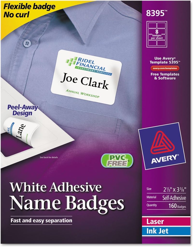 AVERY Adhesive Flexible Name Badges, 2.33 x 3.375", White, Pack of 160 (8395) - Image 1