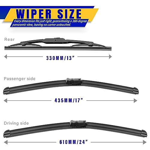 Rooppa 3 مساحات بديلة لسيارة GMC Terrain 2011-2017 / Chevrolet Equinox 2011-2017، شفرات مساحات الزجاج الأمامي بديل المعدات الأصلية - 24"/17"/13" (مجموعة من 3) قفل علوي - Image 2