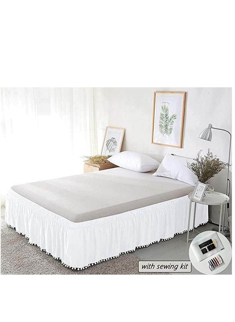 Queen Bed Skirt, Elegant Comfort Top-Knot Tassle Pompom Fringe Ruffle Skirt Around Style Elastic Bed Wrap- Wrinkle Resistant 16inch Drop, White  - Image 2