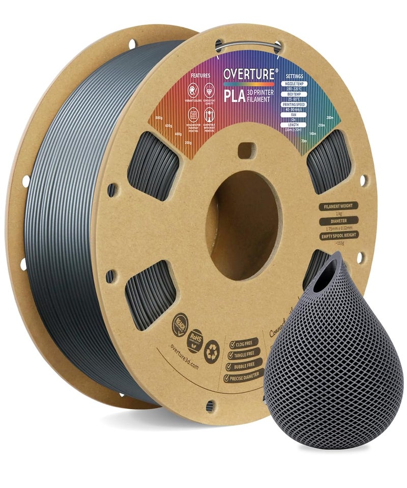 OVERTURE PLA Filament 1.75mm PLA 3D Printer Filament, 1kg Cardboard Spool (2.2lbs), Dimensional Accuracy +/- 0.02mm, Fit Most FDM Printer (Space Gray) - Image 1