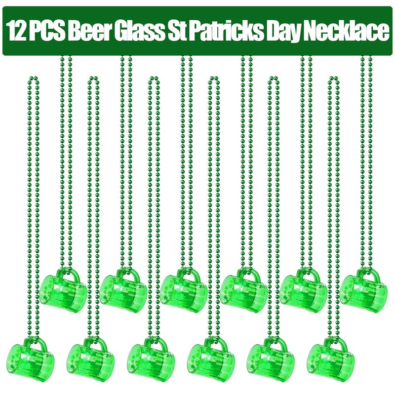 LENOAPHYS 12 PCS Big Size St Patricks Day Necklace Shot Glass Hanging Necklace Bulk St Patricks Day Accessories for Women Green Beads St Pattys Accessories Decorations Party Favor for Saint Patricks Day - Image 2