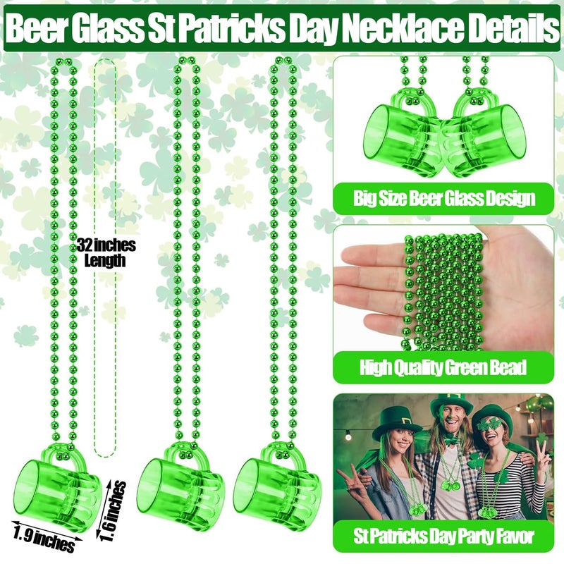 LENOAPHYS 12 PCS Big Size St Patricks Day Necklace Shot Glass Hanging Necklace Bulk St Patricks Day Accessories for Women Green Beads St Pattys Accessories Decorations Party Favor for Saint Patricks Day - Image 3